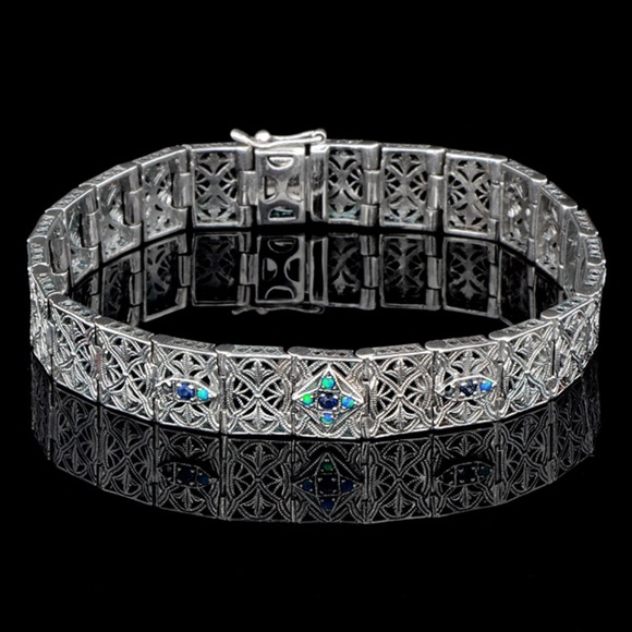 Sapphire & Opal 925 Sterling Silver Vintage Filigree Bracelet 7 inch in length - Picture 1 of 5